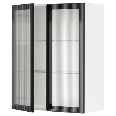 Modern black kitchen cabinet with glass doors featuring vertical lines and sleek metal frames.