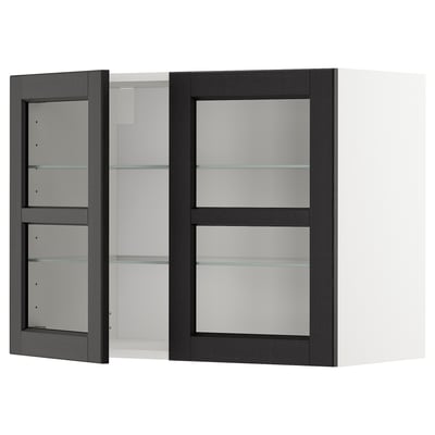 Black stained glass-door cabinet with bevelled edges and adjustable shelves.