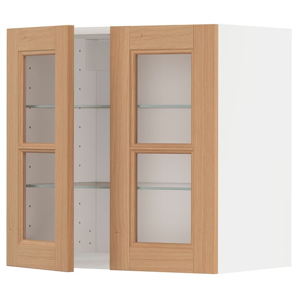 METOD Wall cabinet w shelves/2 glass drs, white/Vedhamn oak, 60x37x60 cm
