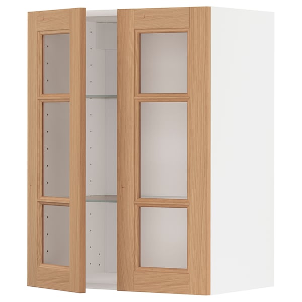 METOD Wall cabinet w shelves/2 glass drs, white/Vedhamn oak, 60x37x80 cm