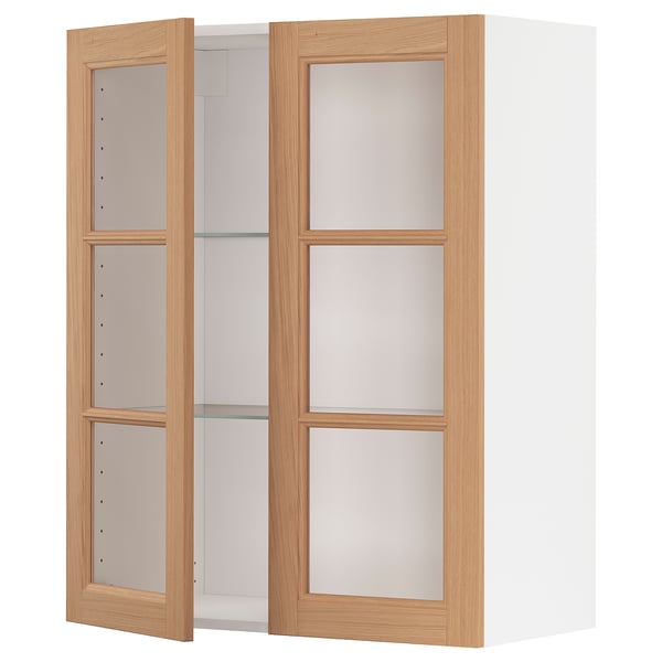 METOD Wall cabinet w shelves/2 glass drs, white/Vedhamn oak, 80x37x100 cm