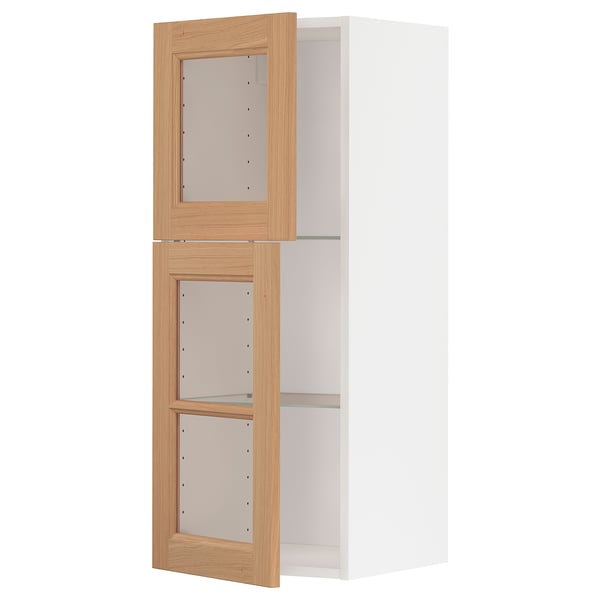METOD Wall cabinet w shelves/2 glass drs, white/Vedhamn oak, 40x37x100 cm