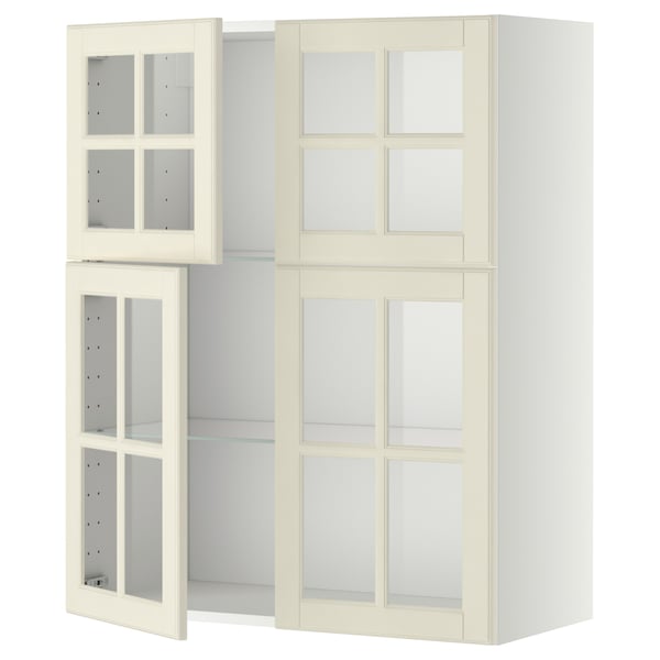 METOD Wall cabinet w shelves/4 glass drs, white/Bodbyn off-white, 80x37x100 cm
