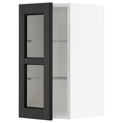 Open black framed cabinet with glass shelves.