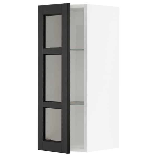 METOD Wall cabinet w shelves/glass door, white/Lerhyttan black stained, 30x37x80 cm