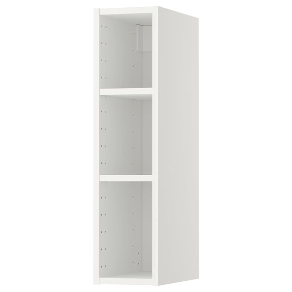 A white METOD wall cabinet with three open shelves. Its a modern design made of melamine and fibreboard, ideal for kitchen storage.