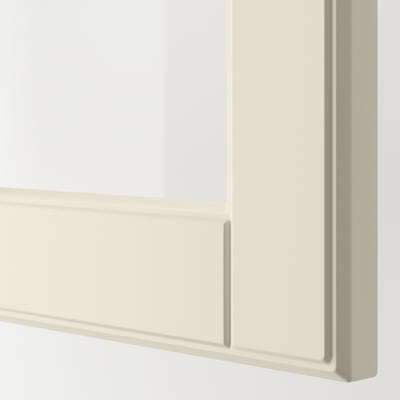 Close-up of a cream-colored kitchen cabinets corner joint. Offers a smooth, flush finish and sturdy construction.