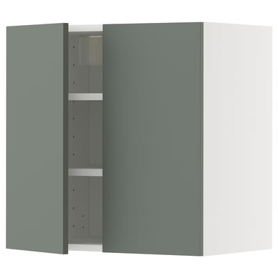 A gray-green METOD wall cabinet with an adjustable shelf and nickel hinges. Its part of the ikea kitchen system.