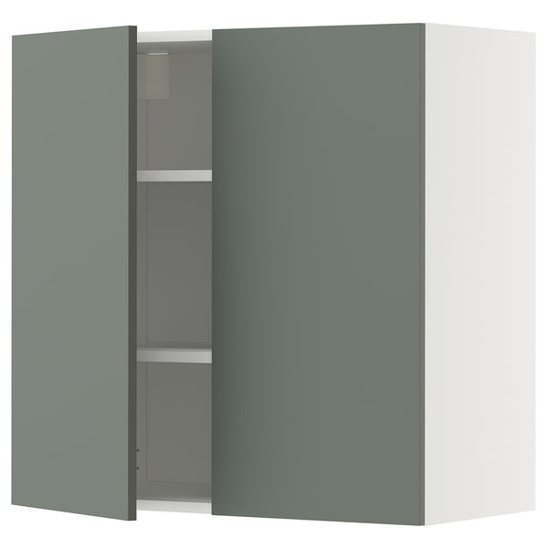 METOD Wall cabinet with shelves/2 doors, white/Nickebo matt grey-green, 80x37x80 cm