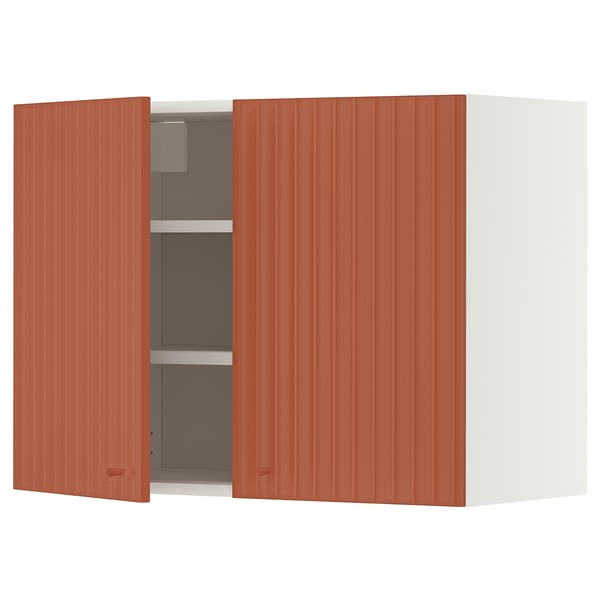 METOD Wall cabinet with shelves/2 doors, white/Terrsjö red-brown wave pattern, 80x37x60 cm