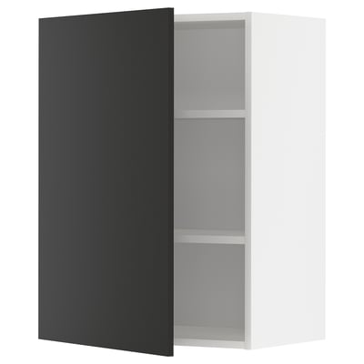 A white wall-mounted kitchen cabinet with a black matt door, featuring two shelves inside.