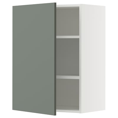 White cabinet with grey-green door, adjustable shelf.