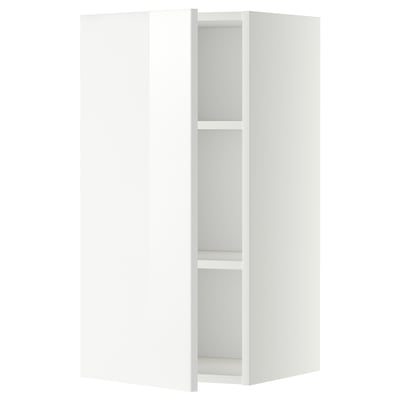 This image depicts a white METOD kitchen cabinet from ikea with high gloss doors and adjustable shelves.