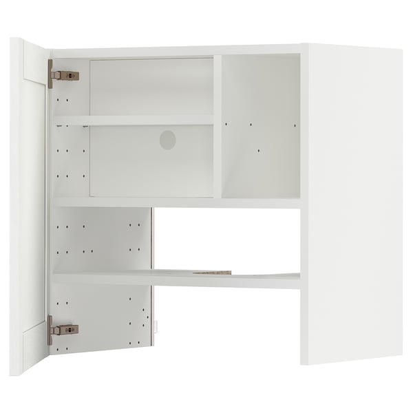A white METOD kitchen cabinet with adjustable shelves and hinges.