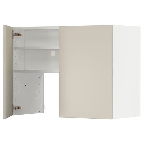 An off-white METOD kitchen cabinet with open doors, displaying interior shelves.