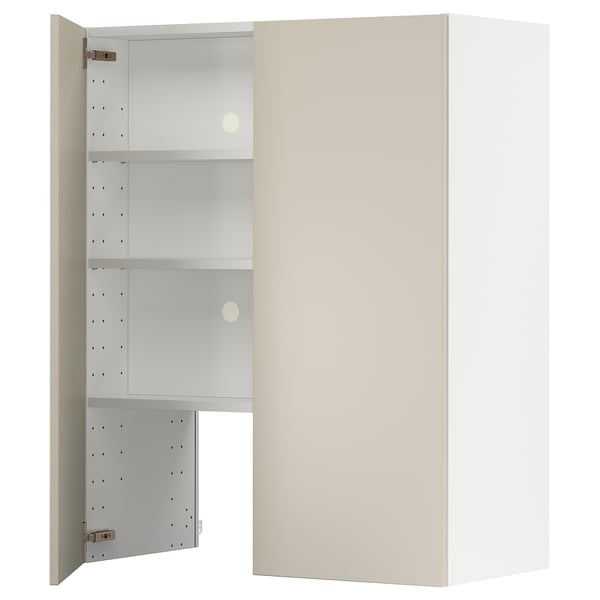 Beige METOD kitchen cabinet from ikea with three open shelves.