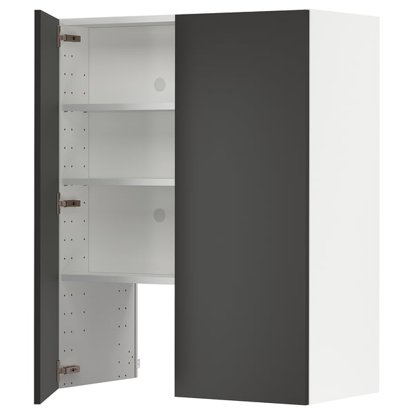 METOD kitchen cabinet, black, rectangular, modern design. Open door revealing adjustable shelves.