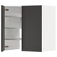Modern black and white cabinet, rectangular shape, two doors. Left open, reveals internal shelves.