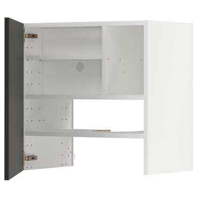 White kitchen cabinet with left door open, showing shelves and hinges.