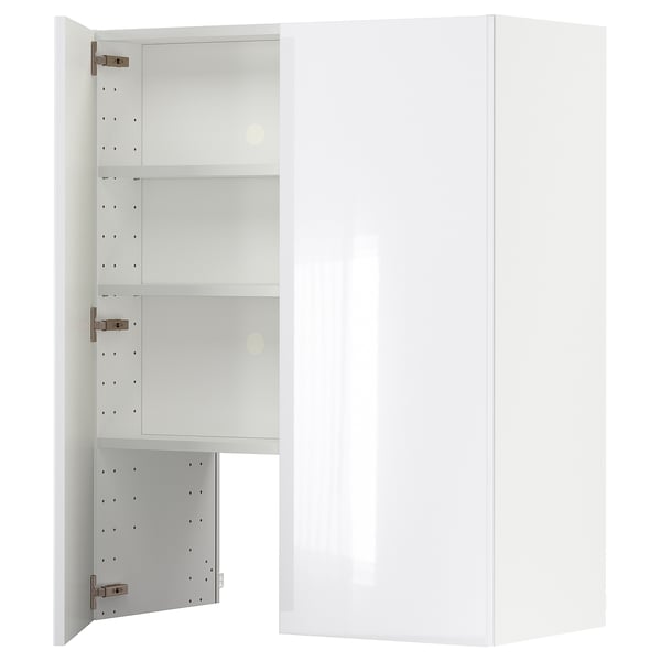 Modern white high-gloss cabinet with three adjustable shelves, metallic hinges, sleek design.