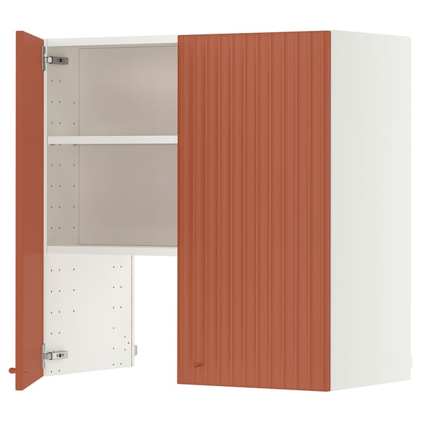 METOD Wall cb f extr hood w shlf/door, white/Terrsjö red-brown wave pattern, 80x80 cm