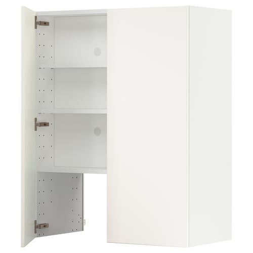 A white METOD kitchen cabinet with adjustable shelves and hinged doors, designed for modular kitchen systems.