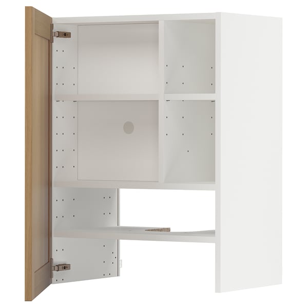 METOD kitchen unit, white. Open door showing shelves, made of solid oak.