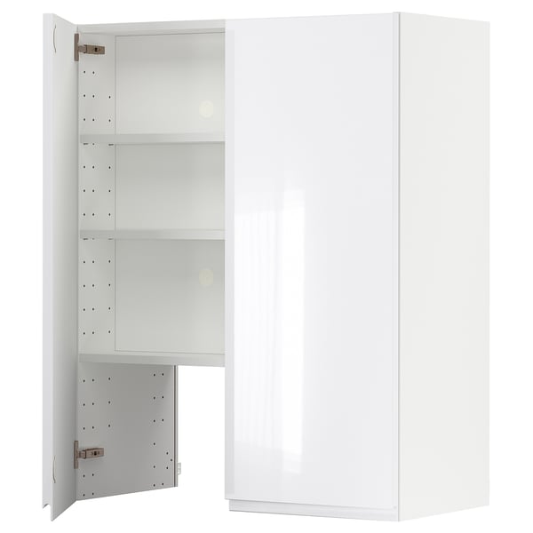White high-gloss METOD kitchen cabinet with adjustable shelves and metallic hinges.