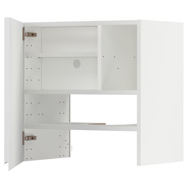 A white METOD kitchen cabinet with adjustable shelves and hinges.