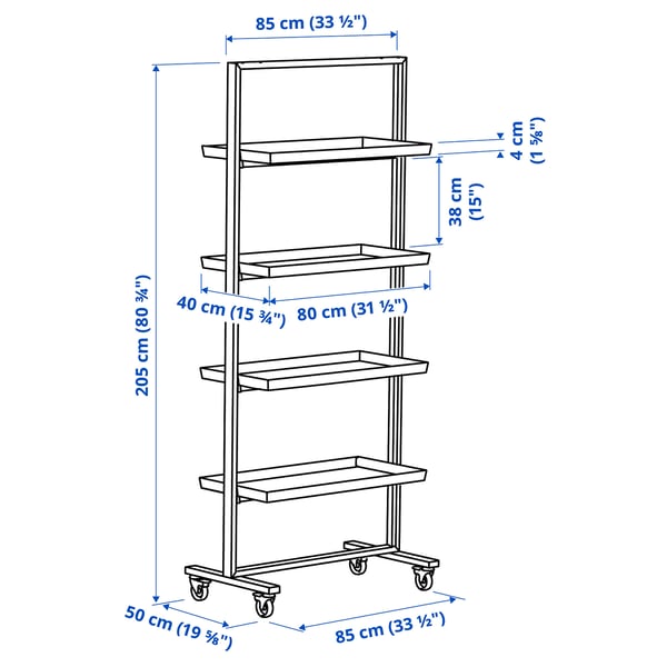 MITTZON Frame with castors/display shelf, white, 85x205 cm