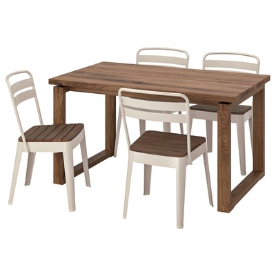 A light brown, square wooden dining table with four matching chairs. The chairs have wooden seats and light beige metal frames.