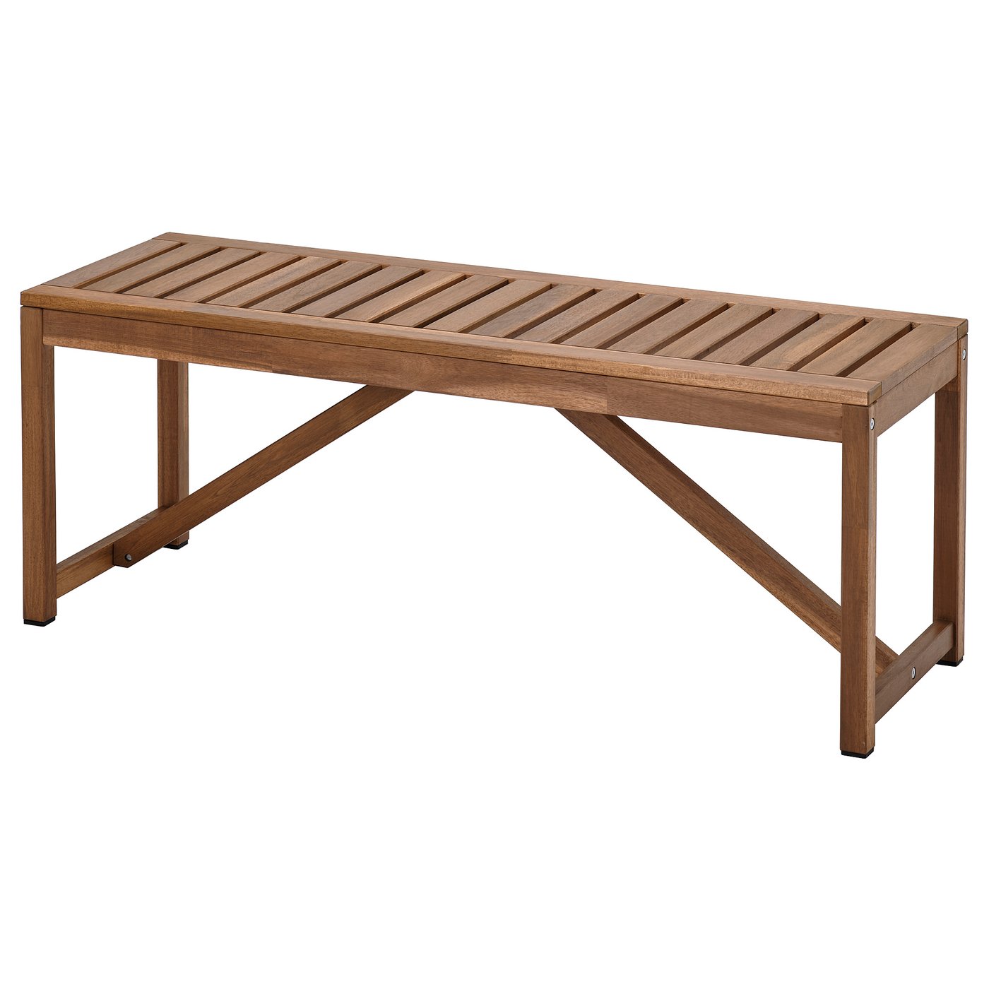 Brown wooden outdoor bench, rectangular, with slatted design and sturdy legs.