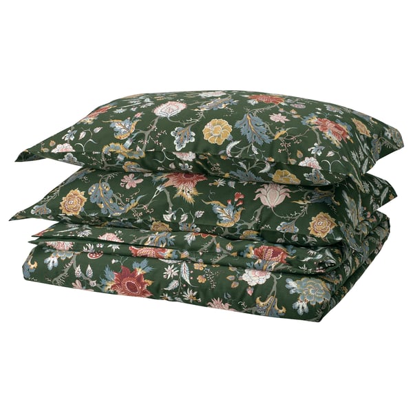 NÄSSELKLOCKA Duvet cover and 2 pillowcases, dark grey-green/multicolour, 200x200/50x80 cm