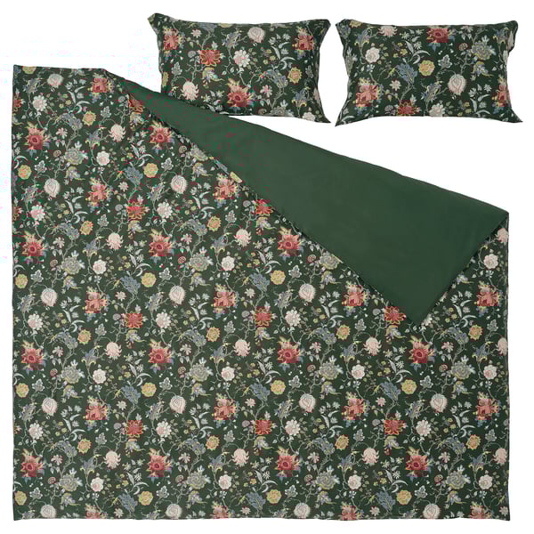 NÄSSELKLOCKA Duvet cover and 2 pillowcases, dark grey-green/multicolour, 200x200/50x80 cm