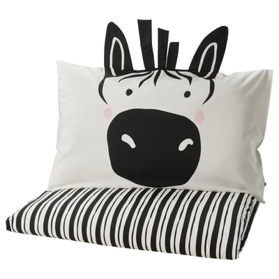 NATTHÄGER Duvet cover and pillowcase, black white/zebra, 150x200/50x80 cm