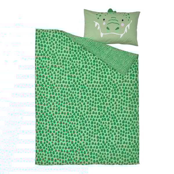 NATTHÄGER Duvet cover and pillowcase, green/crocodile, 150x200/50x80 cm