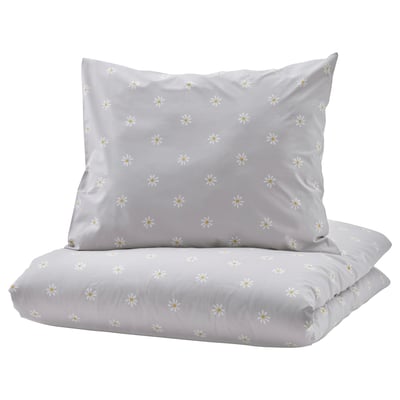 NATTSLÄNDA Duvet cover and pillowcase, floral pattern grey/white, 150x200/50x80 cm