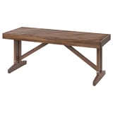 Brown wooden outdoor bench with herringbone pattern and sturdy legs.