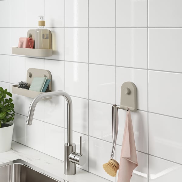 ÖBONÄS Triple hook with suction cup, grey-beige, 7x11 cm