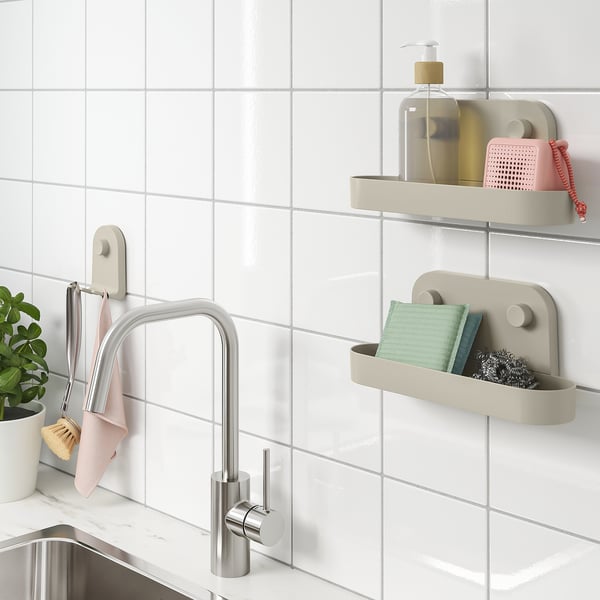 ÖBONÄS Wall shelf with suction cup, grey-beige, 28 cm