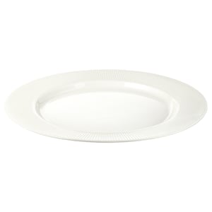 Flat white dinner plate, elegant ribbed edge design, simple and durable porcelain.