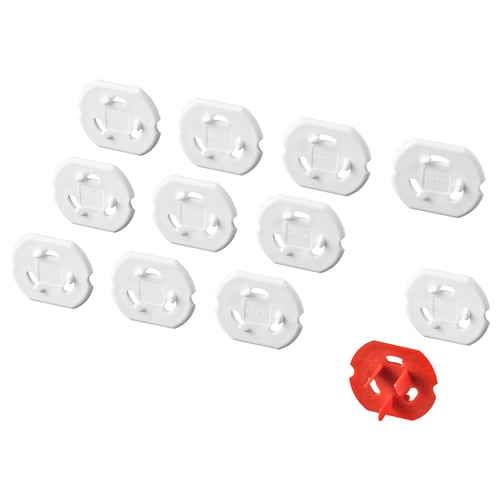 Grid of 11 white & 1 red wall socket plugs, red acts as removal key.