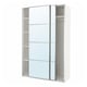 A white PAX wardrobe with mirrored sliding doors and open shelves made of wood and metal, offering modern storage.