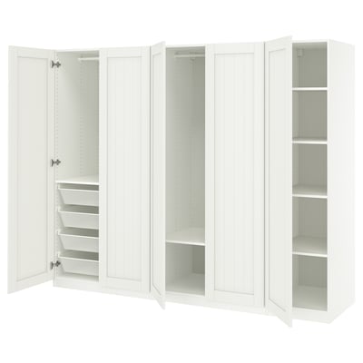 White PAX wardrobe with mesh drawers and shelves.