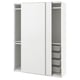 This image a white ikea PAX wardrobe with sliding doors, showcasing mesh baskets and adjustable interior shelves.