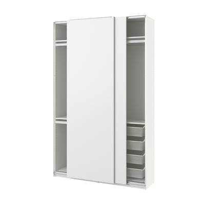 White PAX wardrobe with mirrored sliding doors, storage shelves, and mesh baskets. Sleek, modern design with adjustable feet.