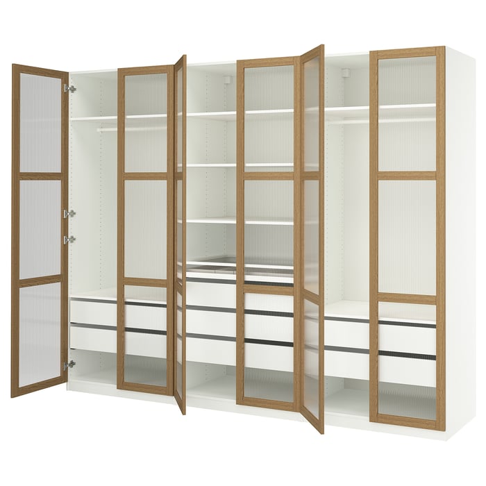 PAX / TONSTAD wardrobe combination, white/oak veneer glass, 300x60x236 cm