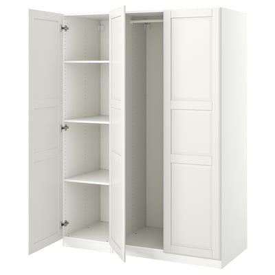 White PAX wardrobe with mirror doors and adjustable shelves.