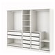 A white IKEA PAX wardrobe with shelves and drawers. Its sleek, modern, and a minimalist design with a combination of open and closed storage.