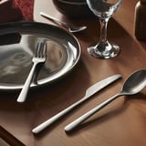 PRAKTBOTIA cutlery set on dark wood table with dish and wine glass.